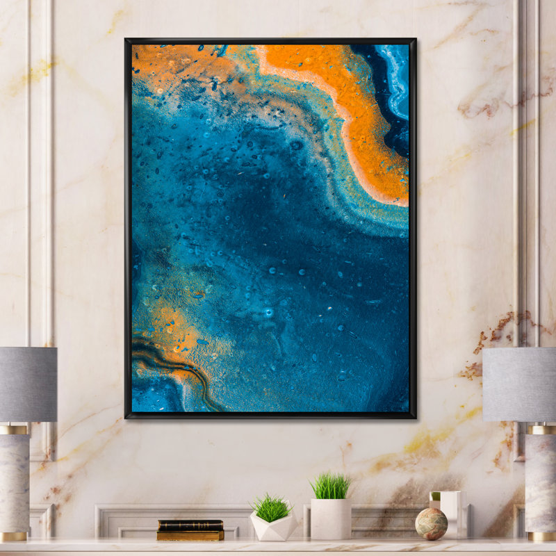 Composition abstraite de marbre en bleu et orange V - peinture sur toile, H 40 po x l 30 po x 1,5 po, Cadre flottant noir