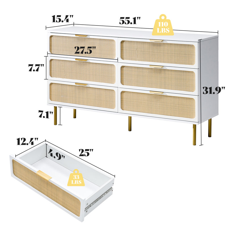 55.1" W 6-Drawer Solid and Manufactured Wood Dresser with Rattan
