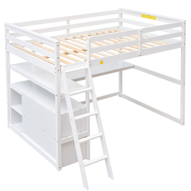 Lit mezzanine avec bureau et tablettes, Lit double, Blanc