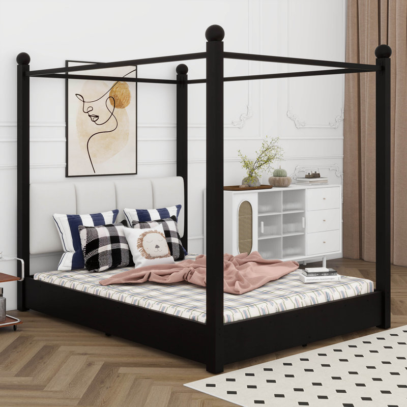 Lit plateforme à baldaquin avec tête de lit tapissier et structure en métal, Noir