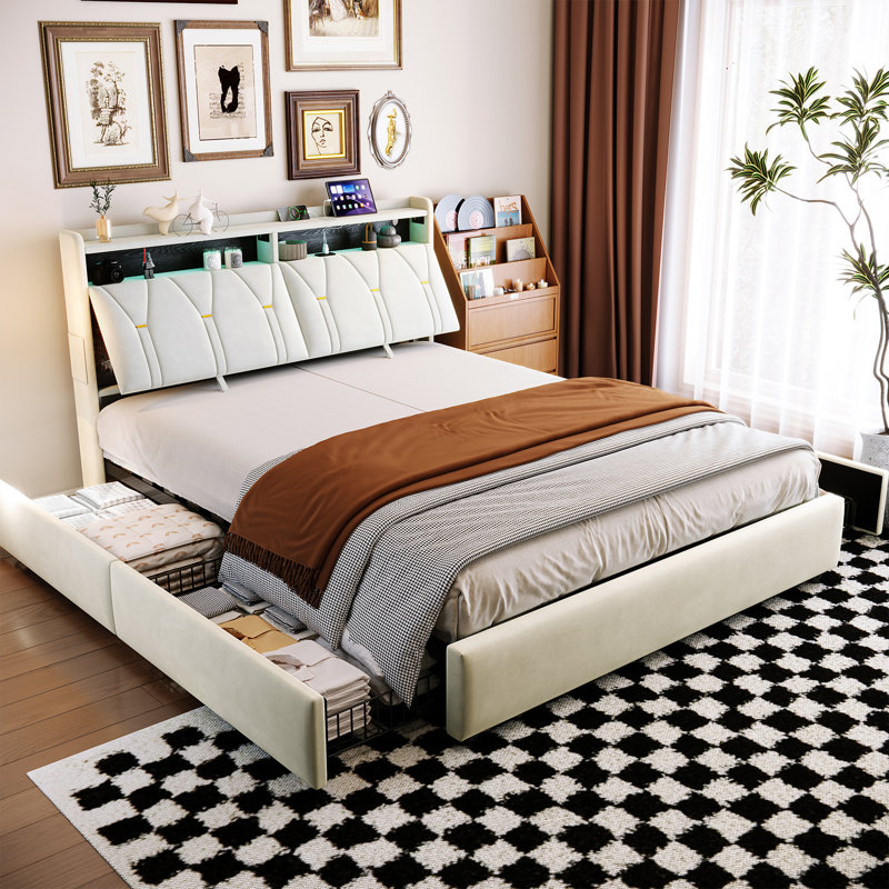 Platform Bed with LED Lights & Headboard Storage, Underbed Storage Drawers, USB-A/C Charging, EuropeanKingsize (160 x 200 cm)