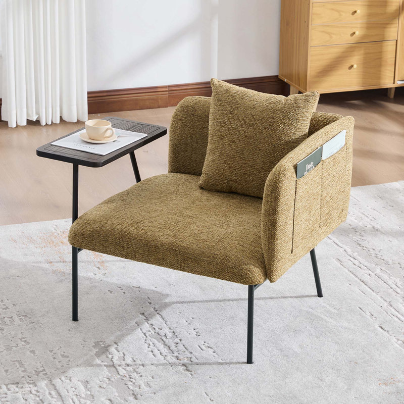 Confortable fauteuil de loisir rembourré avec petite table, pieds en métal et poches de rangement, Lin jaune