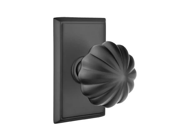 Emtek Passage Interior Mortise Set w/ Rectangular Rosette & Melon Knob (LH), Flat Black