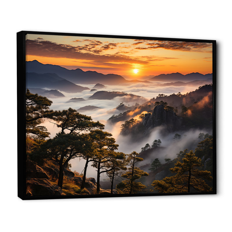 Mountain majestueux Sunsets Embrace II - forêt et rivière, art mural, H 34 po x l 44 po x P 1,5 po, Cadre flottant noir