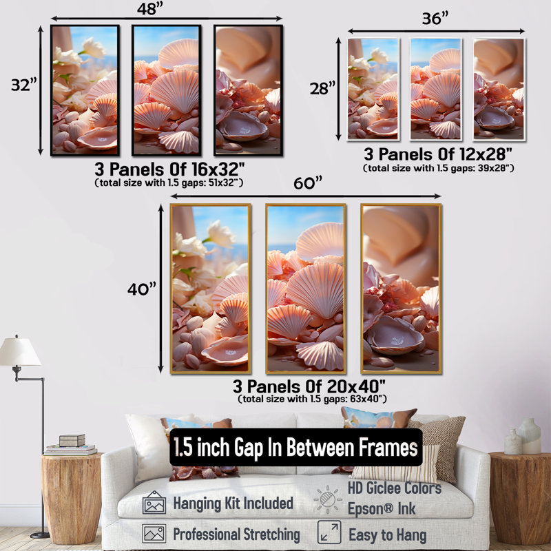Romantisme, coquillages - ensemble d'art mural coquillage, H 28 po x l 36 po x P 1 po, Cadre flottant noir
