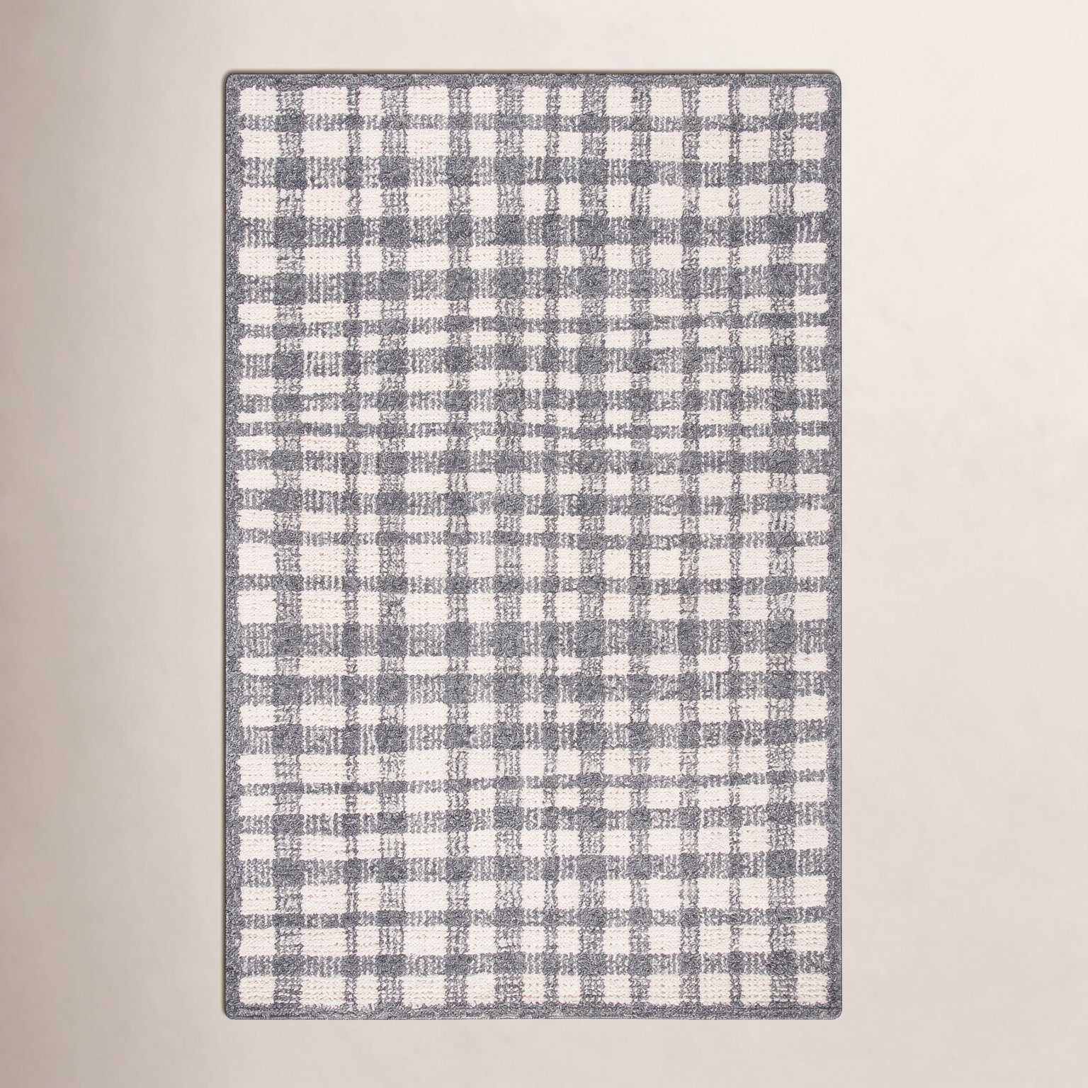 Ivory Black Hand-Tufted Plaid Rug, Rectangle 9' x 12'