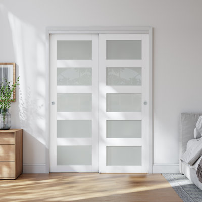 48"W X 80"H 5-Lite Tempered and Frosted Glass Sliding Closet Door with Hardware Kit