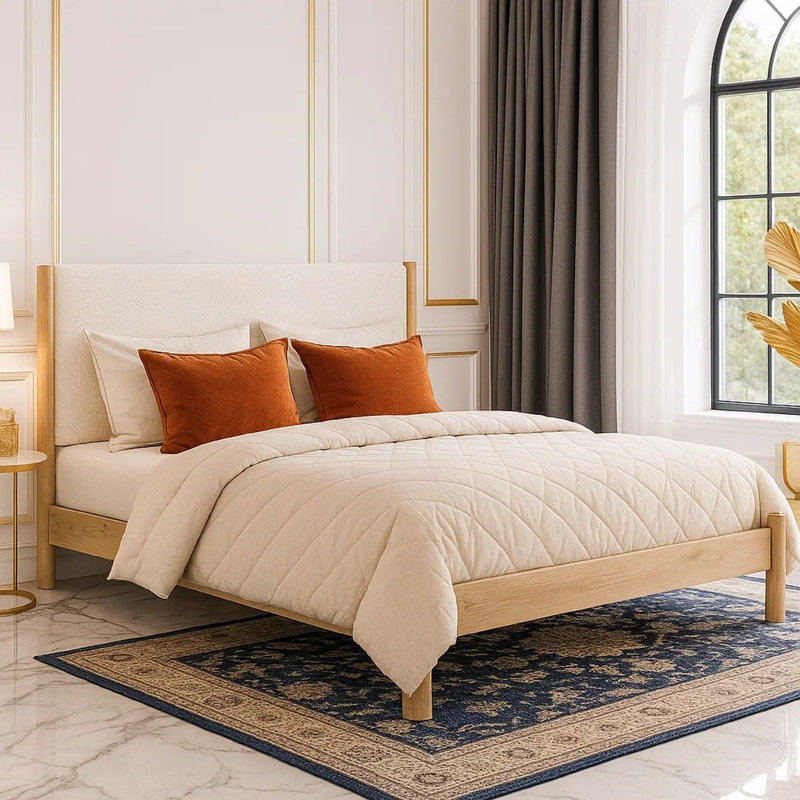 Lit très grand Mooran, revêtement en polyester blanc, bois brun clair, Blanc / brun clair, Grand