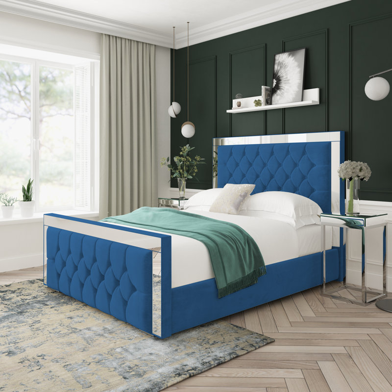 Sage Naples Velvet Upholstered Ottoman Bed Frame, Double (4'6), Blue