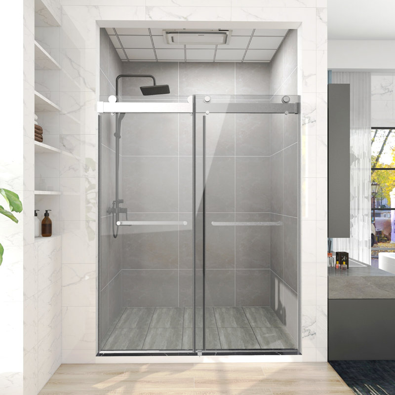 72 In. W X 76 In. H Freestanding Double Sliding Frameless Shower Enclosure In Brushed Nickel Finish, Brushed Nickel