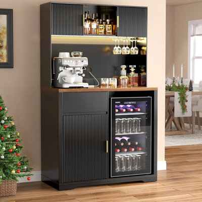 72" Tall Bar Cabinet with Fridge Space, Fluted Coffee Liquor Hutch Cabinet with Storage, Tall Home Bar with LED Light & Power Outlet for Kitchen Dini by 17 Stories