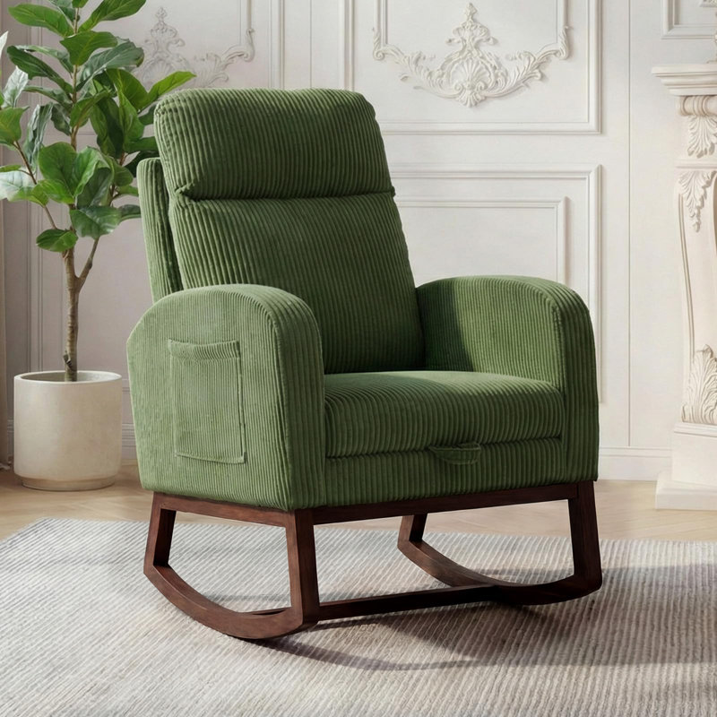 Fauteuil à bascule réglable à haut dossier et poche latérale en bois massif pour chambre de bébé, Green/Corduroy