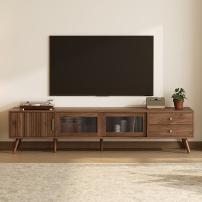 76" Modern Minimal Glass-Doors TV Stand For Tvs Up To 85 Inches, Wood-Grain Entertainment Center With Storage Cabinets, TV Media Console Table For Liv by George Oliver