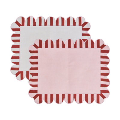 Embroidered Linen Scalloped Stripe Double-Sided Placemats