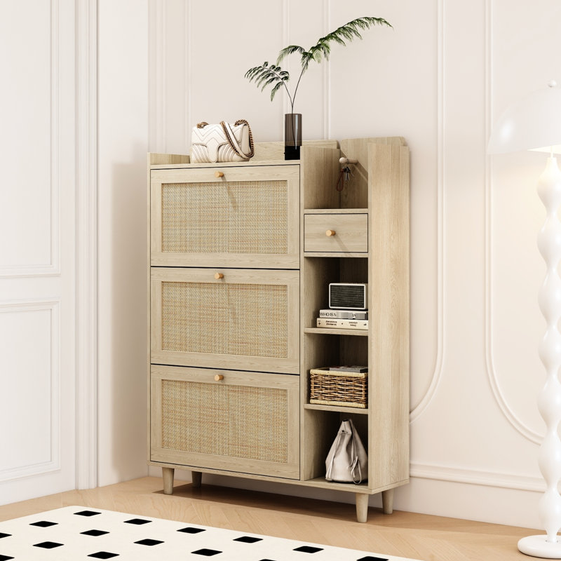 Range-chaussures avec 3 tiroirs rabattables et rangement, Bois naturel