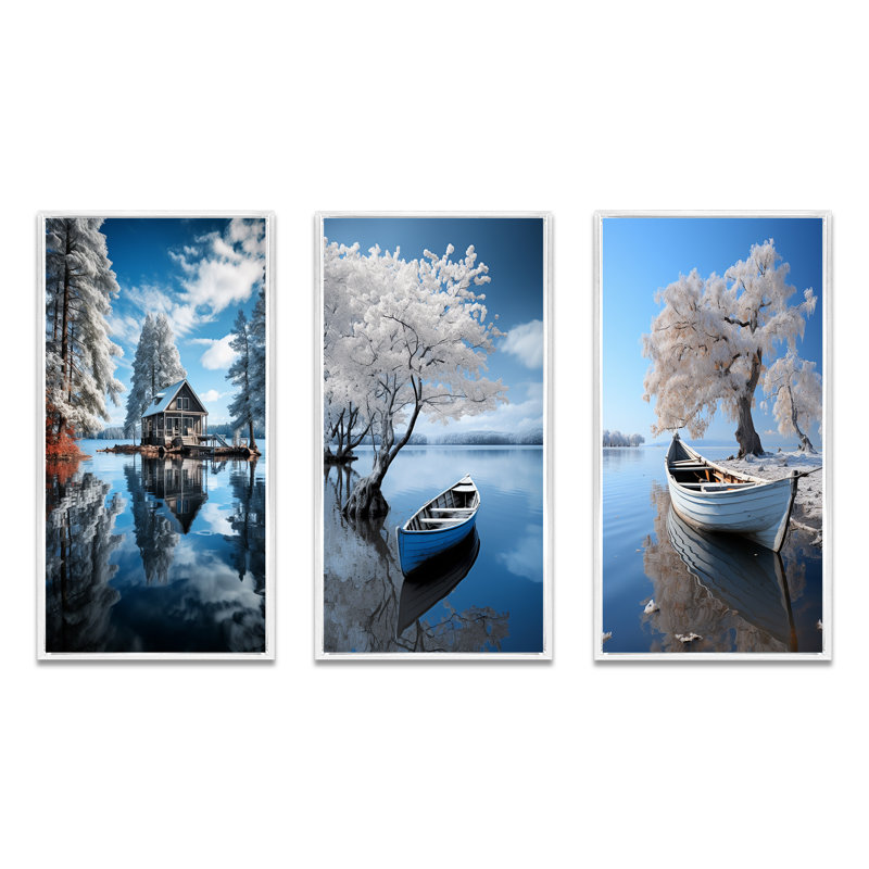 «Lake Tranquil Retreat», 3 pièces sur toile, Cadre blanc, H 28 po x l 36 po