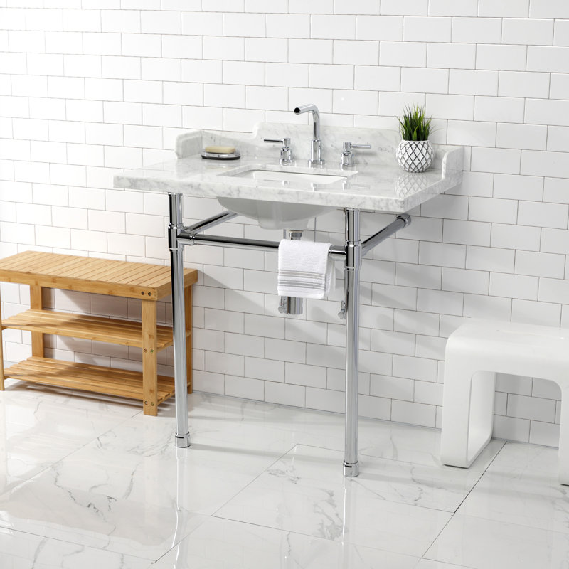 Kingston Brass Dreyden 36-Inch Carrara Marble Console Sink with Stainless Steel Legs (8-Inch, 3-Hole)
