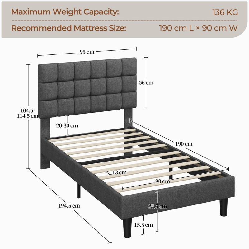 Size Modern Upholstered Bed Frame with Adjustable Square Tufted Headboard, Dark Grey, Single (3')