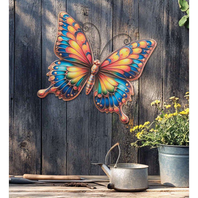 20" Garden Vibe Metal and Glass Floral Butterfly Wall Décor with Painted Wing Accents-Sunrise, Large, Sunrise