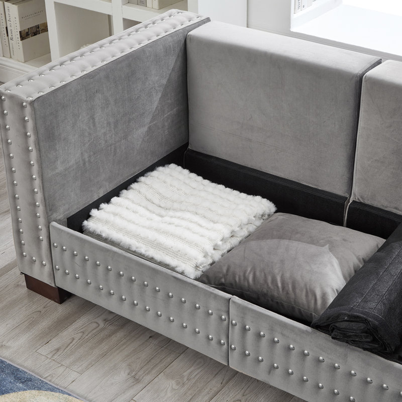 Velours gris à 3 places de style moderne, carré avec clous argentés, structure en bois massif, coussin à ressorts, housse amovible, décoration avec accoudoirs et clous de rangement, dessous confortable