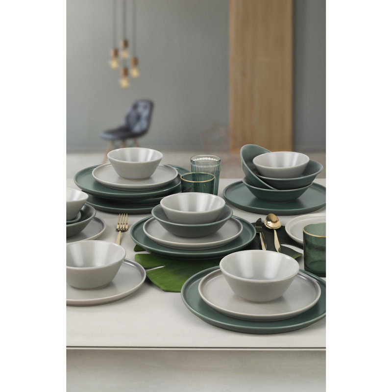 Ensemble de vaisselle élégante en céramique 24 pièces, vert et blanc | 100% grès céramique, va au micro-ondes et au lave-vaisselle | 6 assiettes de service, 6 assiettes plates, 6 bols (5,9 x 5,9 x 2,0 po), 6 assiettes à dessert | Antibactérien et facile à nettoyer