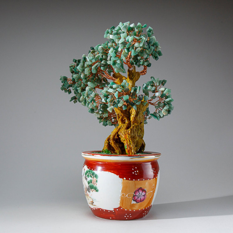 Genuine Green Aventurine Gemstone Bonsai Tree in Round Ceramic Pot (11")