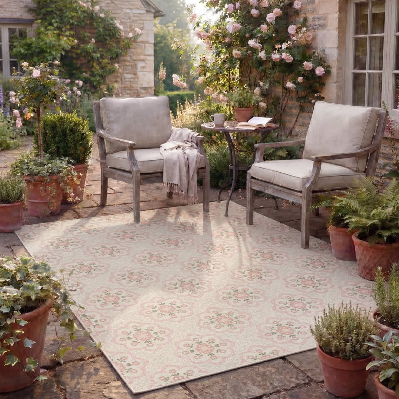 Tapis d'intérieur / extérieur Laura Ashley Doreen, Rose / beige, 8 pi x 10 pi