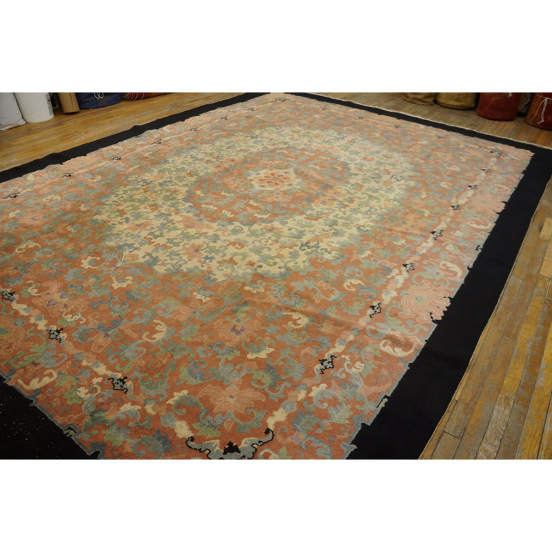 Antique Chinese Room Size Wool Black, Ivory Beige Cream White Rug