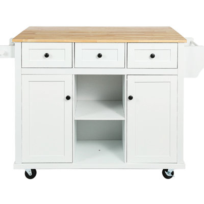 Versatile Kitchen Cart with Rubber Wood Drop-Leaf, Storage Cabinet, and 5 Smooth-Rolling Wheels for Efficient Space Utilization