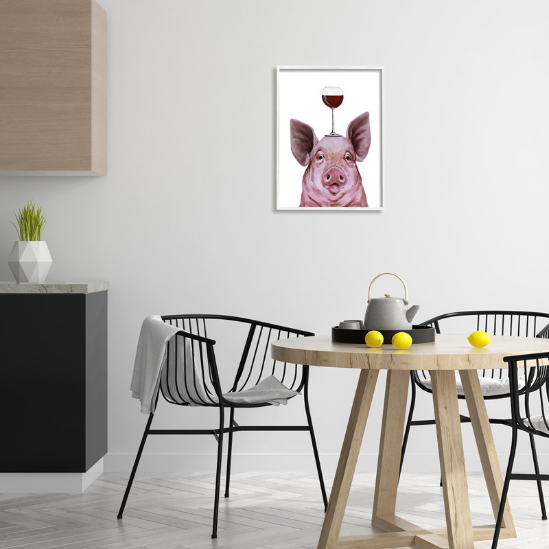 Joli cochon de ferme regardant un verre à vin par Coco De Paris - Peinture, H 20 po x l 16 po