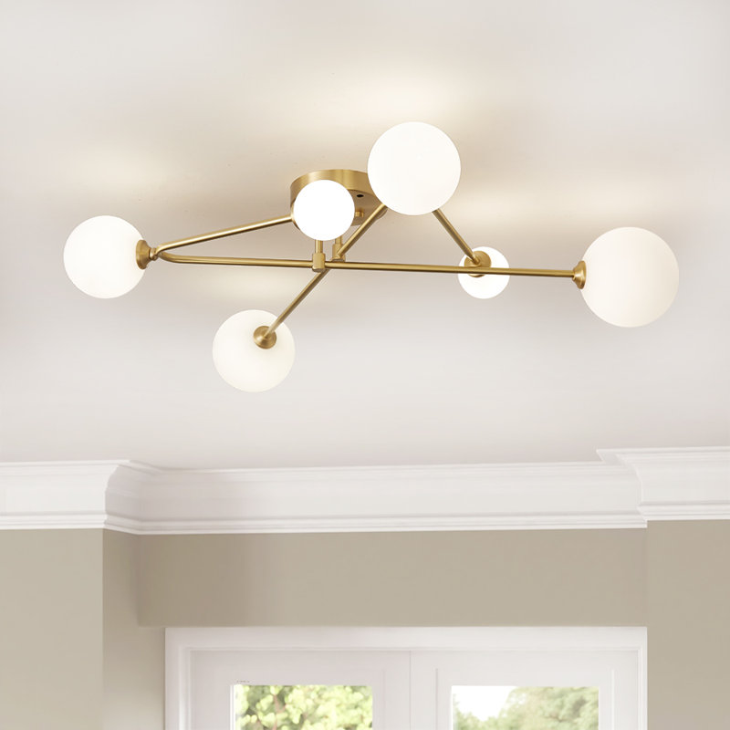 6 - Light Sputnik Glass Globe Linear Semi Flush Mount, Gold