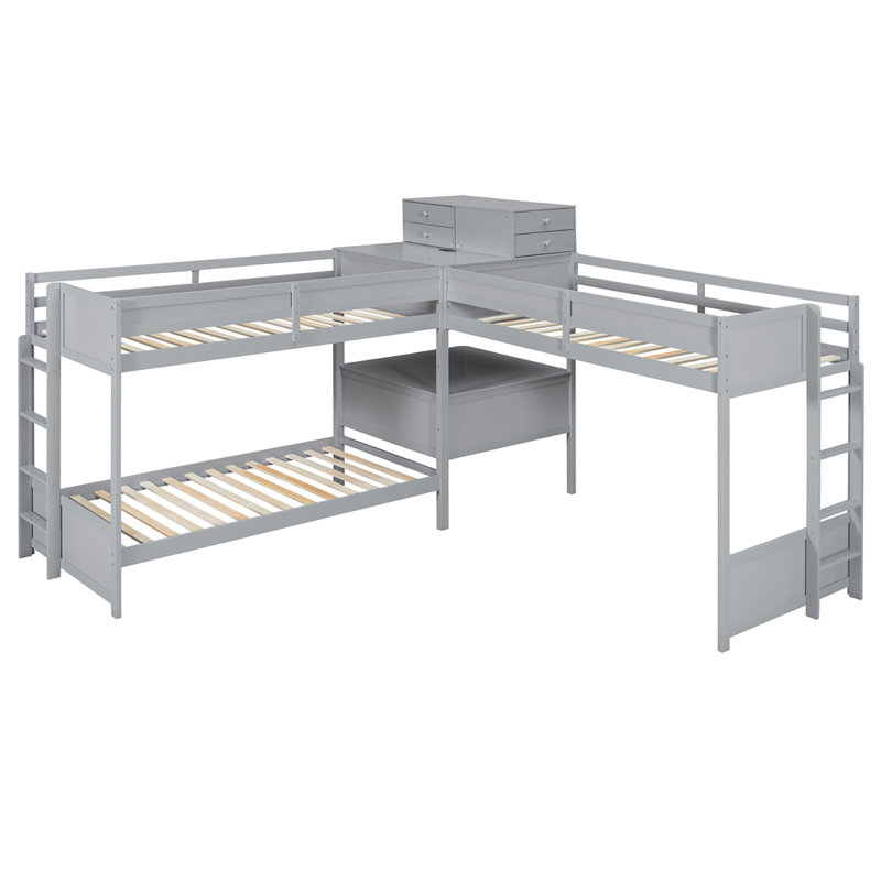 Lit simple superposé en forme de L avec bureau intégré, 4 tiroirs et ports USB et prise de courant, Grey