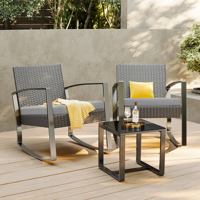 Ferlin 2-Person Outdoor Set – Wicker/Metal/Wood, Waterproof Cushions & UV-Resistant Frame, Gray