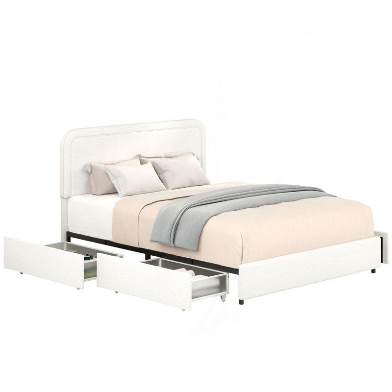 Grand lit plateforme tapissier Livcle Ivory Boucle