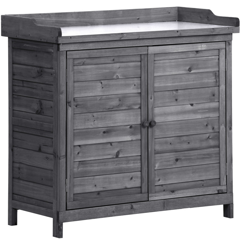 Table de jardin pour l'extérieur, rustique gris 39 po avec plateau de table galvanisé et 2 tablettes, fabriquée en bois de sapin pour armoire de stabilité, crochets latéraux et beaucoup d'espace