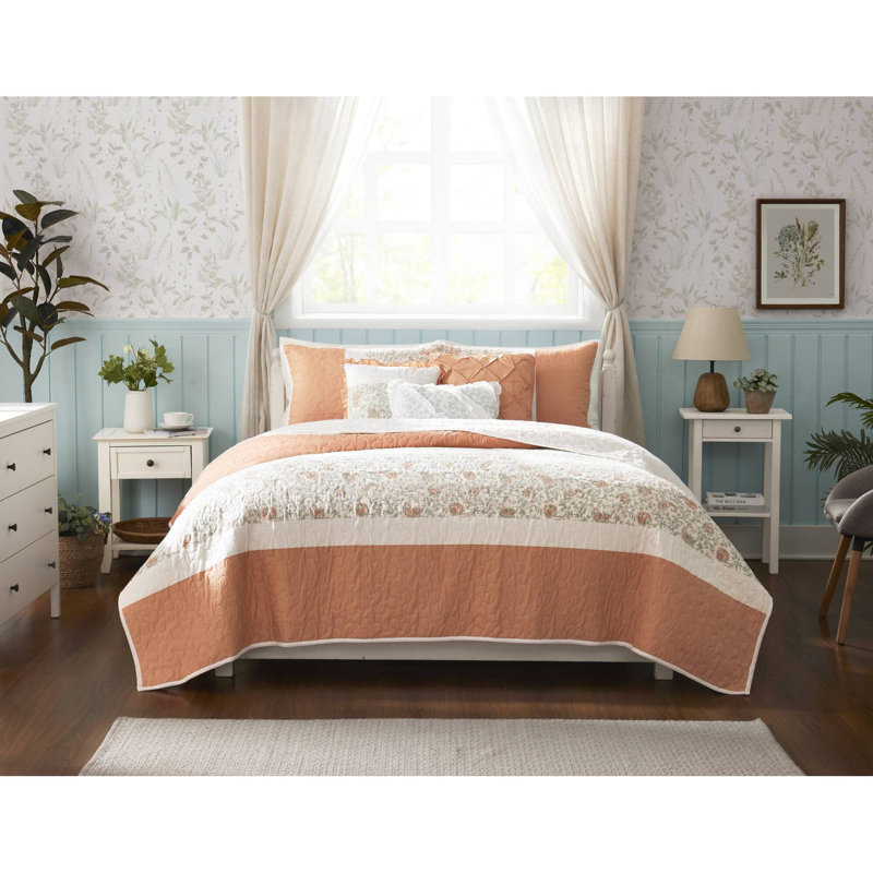Coral King/cal King 6-piece Cotton Percale Quilt Set With Chic Decorative Pillows, King Quilt + 6 Additional Pieces
