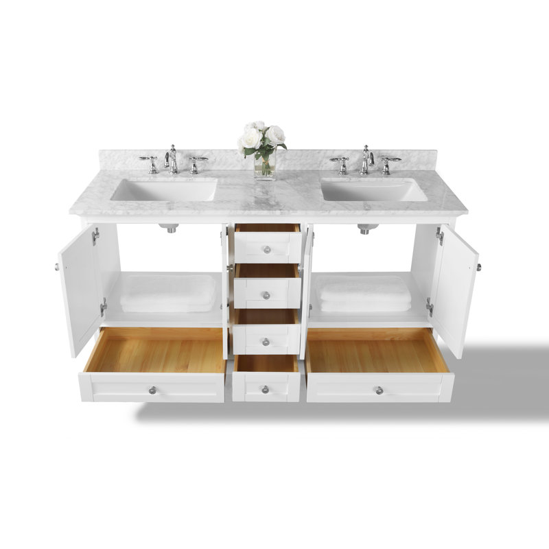 Audrey 66'' W Double Vanity, White| Brushed Nickel, Carrara White