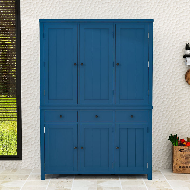 Armoire de cuisine autoportante avec tablettes réglables, rangement spacieux et plateaux coulissants, Bleu