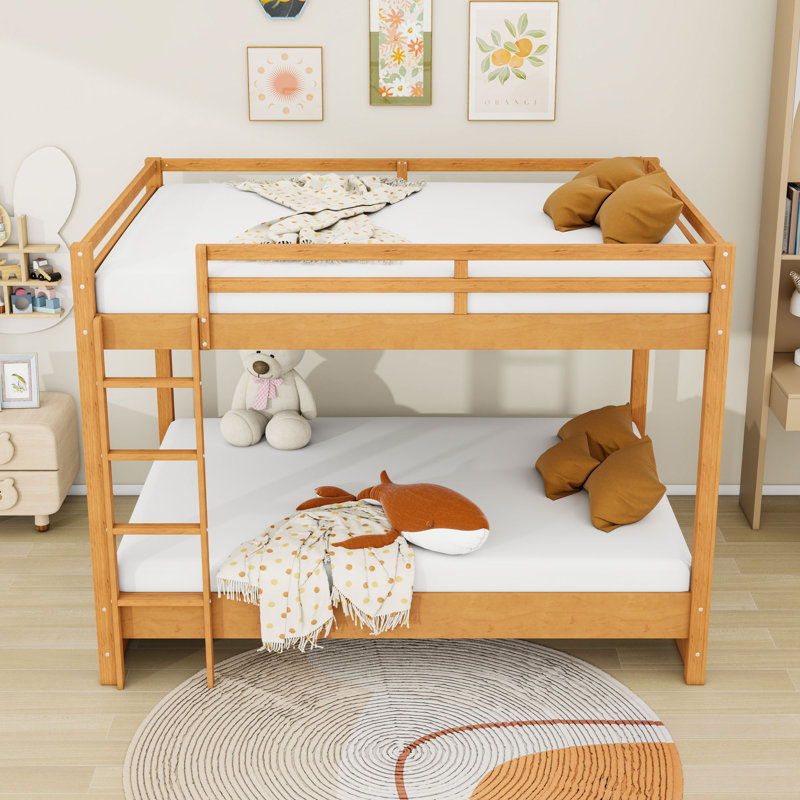 Queen Over Queen Wood Bunk Bed With Sturdy Frame And Ladder, Wood