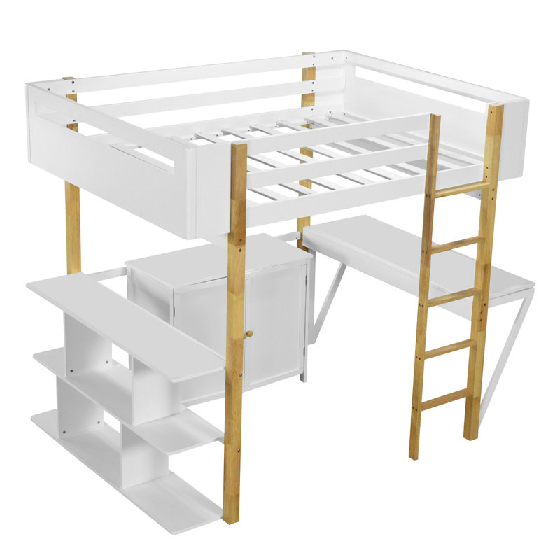 Lit mezzanine à rangement intégré en bois massif avec bureau pliable, conception moderne pour les chambres à coucher urbaines