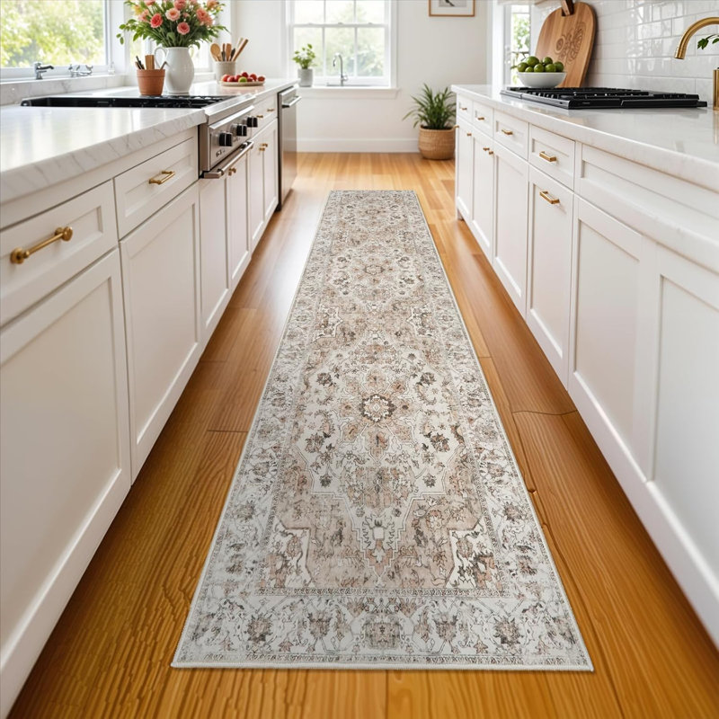 Washable Hallway Rug: Non Slip Rugs with Rubber Backing Soft Kitchen Rug Farmhouse Distressed Carpet for Living Room Bedroom Bathroom (Beige)