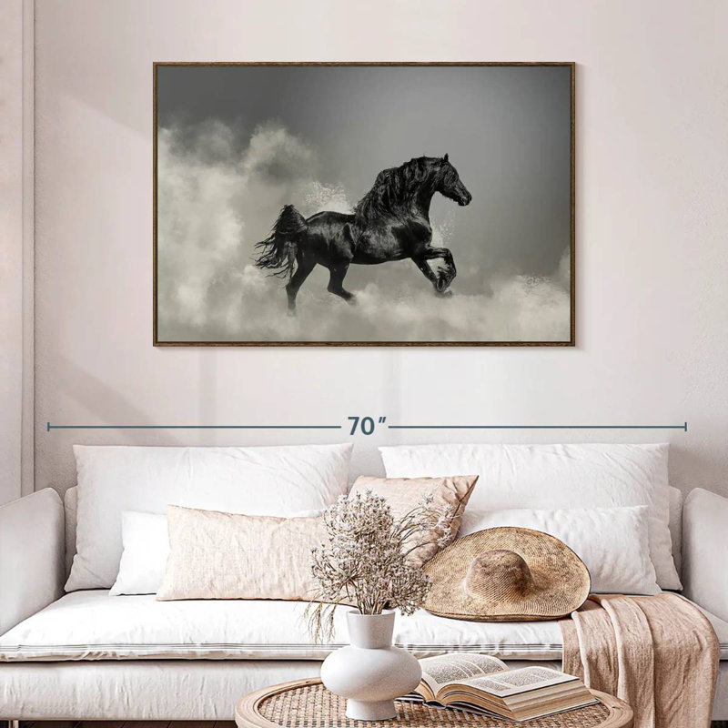 Galloping Black Friesian Horse, 46" X 31", Floating Frame Walnut