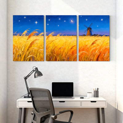 Abstrait champ de blé doré sous un ciel étoilé, ensemble de 3 impressions sur toile