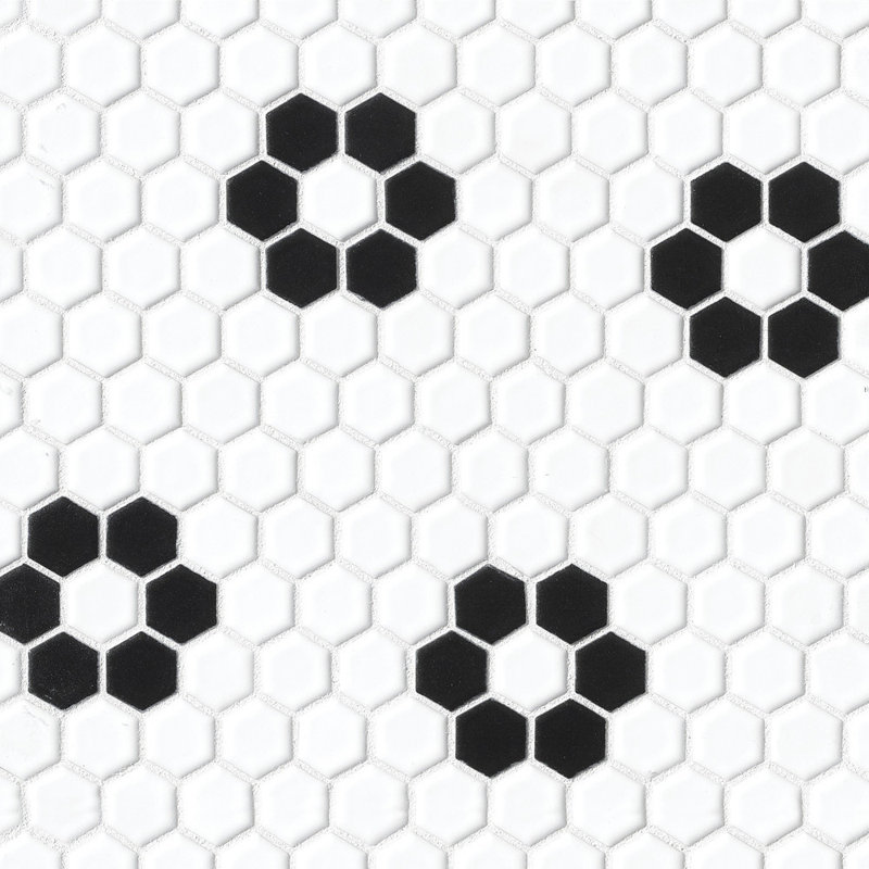 Le Cafe Hex 1" x 1" Porcelain Deco Mosaic Tile in Black/White