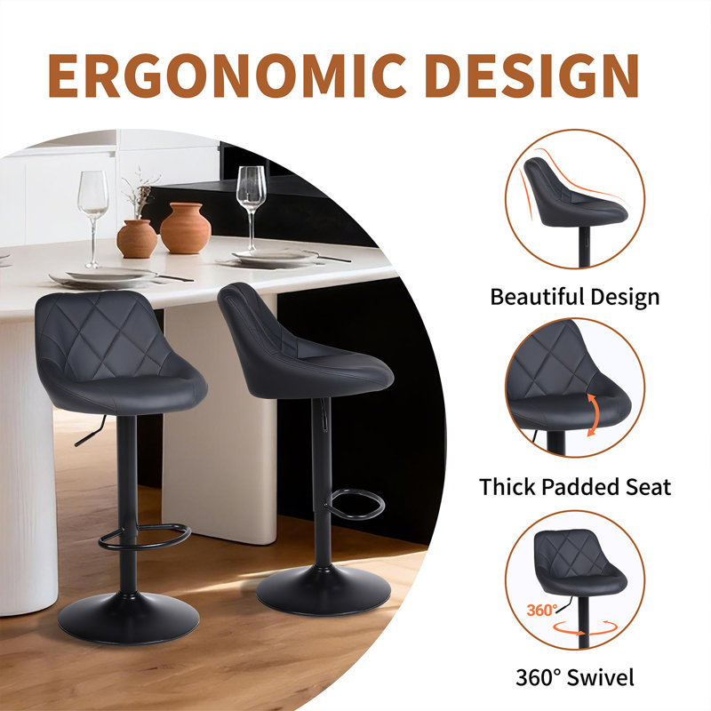Illyas Swivel Upholstered Adjustable Height Counter Stool with Metal Frame, Black, 3