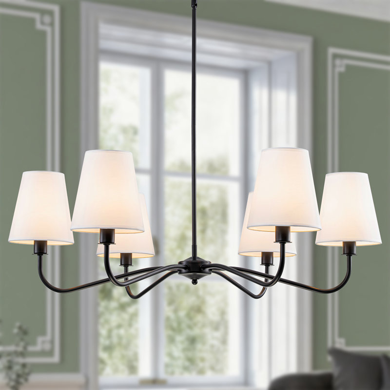 36”w Classic Chandelier With White Linen Shades, Matte Black