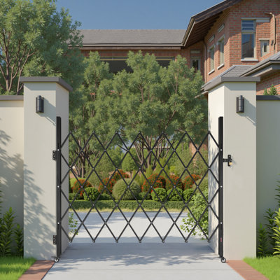 Single Folding Security Gate, Lockable Scissor Gate with 360° Swivel Casters, Outdoor Barricade Steel Retractable Gates, for Entry Security, Garage, Warehouse & Pool