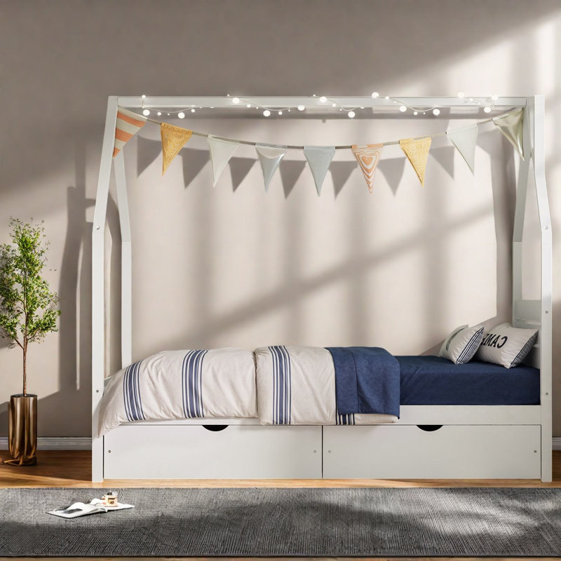 Lits jumeaux avec rangement, structure en bois style maisonnette, chambre d'enfant moderne pour la maison, White