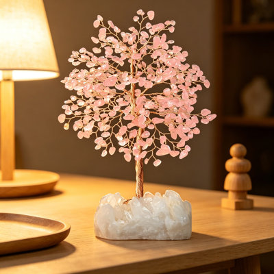 Arbre de vie en pierres précieuses, quartz rose naturel (406 pierres) sur base de quartz transparent, arbre de bonsaï en équilibre Feng Shui décor à la maison, cadeau d'anniversaire pour énergie positive, hauteur 8,5 à 9 pouces