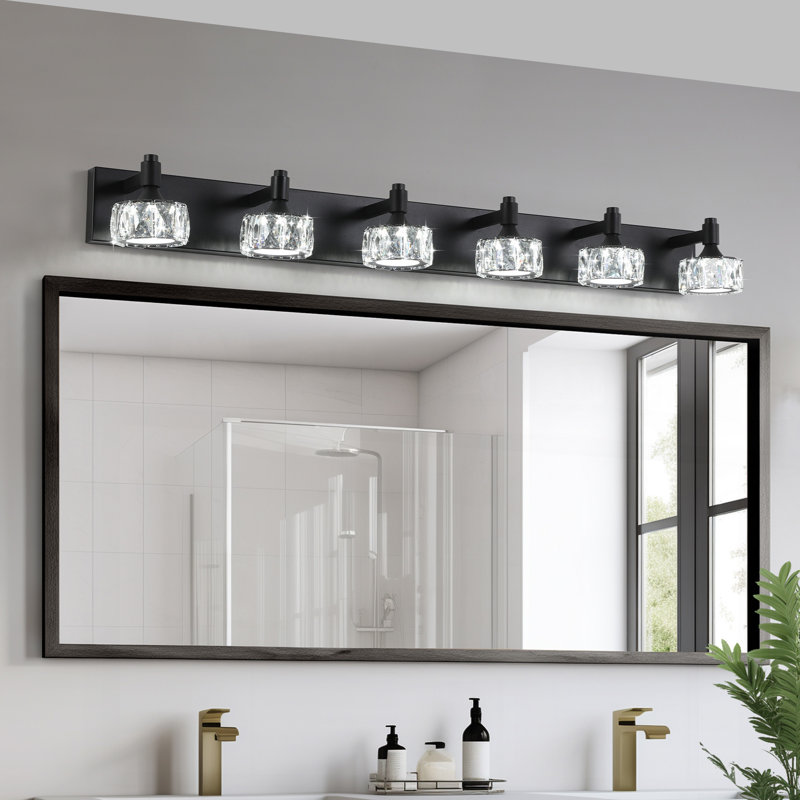 Luminaire de salle de bain moderne à 6 lumières DEL noir mat avec abat-jour en cristal, applique murale pour salle de bain pour un décor intérieur élégant et contemporain